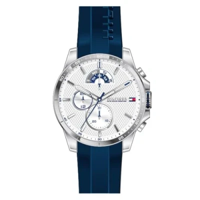 Obrázek Tommy Hilfiger Analogové multifunkční quartzové hodinky pro muže 48 mm bílý ciferník, modrý silikonový pásek, 3 spodní ciferníky, vodotěsné do 5 ATM 1791349, bílá, Moderní