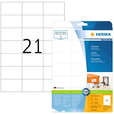 Obrázek HERMA 8634 adresní etikety, 10 listů, 70 x 42,3 mm, 21 archů A4, 210 kusů, samolepicí, potiskovatelné, matné, prázdné papírové nálepky bílé