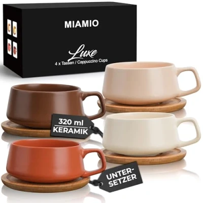 Obrázek MIAMIO 4 x 320 ml Kaffeetassen/Cappuccino Tassen mit Unterteller/elegant/modern/Kaffeebecher aus Steingut Luxe Kollektion 4er Set (Beige Pastell)