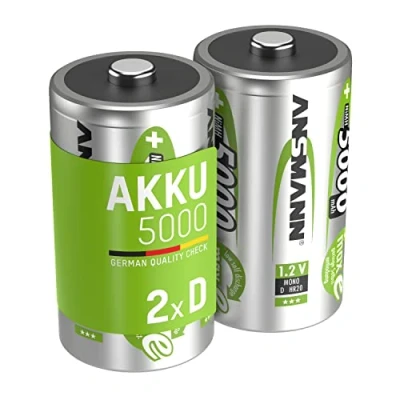 Obrázek baterie ANSMANN Mono D 5000 mAh NiMH 1,2 v (2 kusy) dobíjecí D, maxE zajišťuje nízké samovybíjení pro dlouholeté použití hračkách, rádiu, kapesní svítilně