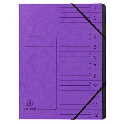 Obrázek Exacompta 541208E Premium Ordnungsmappe geheftet. Aus extra starkem Colorspan Karton DIN A4 12 schwarze Fächer und 2 Gummizüge mit Organisationsdruck Ringmappe Register Mappe violett
