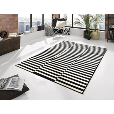 Obrázek Hanse Home koberec panel do obývacího pokoje s proužky krátkým vlasem, grafický vzor, moderní vzhled pro jídelnu, obývací pokoj, dětský chodbu, ložnici, kuchyň černá krémová, 120