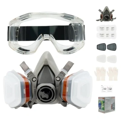 Obrázek RHINO Smart Solutions Respirátor plyny výpary plynová maska s filtrem A1P2 pro lakoviny, jemný prach, do práce, broušení masky na rukavice, ochranné brýle, patrony a prachový filtr