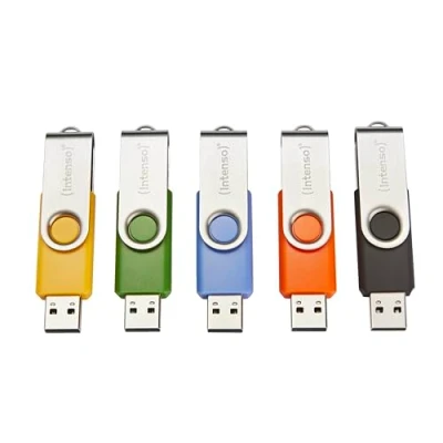 Obrázek Intenso USB flash disky Basic Line 5X 32 GB 2.0 s praktickými popisovacími etiketami, žluté, zelené, černé, modré + oranžové, se stříbrným kovovým třmenem, balení 5 ks