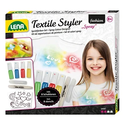 Obrázek Lena 42597 Kreativní sada Textile Styler Spray, kompletní se 4 barvami ve spreji, 1 třpytivou barvou na zdobení, 8 šablon a konturovací tužka, tvoření textilu pro děti od let