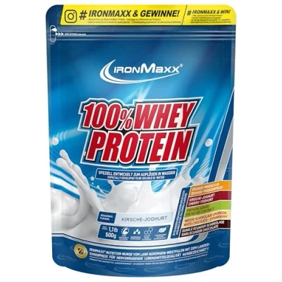 Obrázek IronMaxx 100% Whey Protein prášek třešeň jogurt 500 g sáček s redukcí cukru, ve vodě rozpustný proteinový ze syrovátkového proteinu mnoho různých příchutí