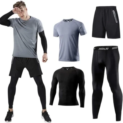 Obrázek Pánská sportovní běžecká sada (balení po 4 nebo 5 kusech) Atletické tričko+Short/kompresní tričko+kalhoty s kabátem tréninkový oděv gymnastické obleky, Šedá