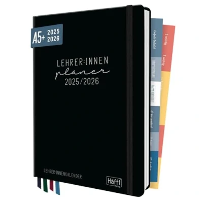 Obrázek Häfft® plánovač pro učitele 2025/2026 A5 + &quot;Black Edition&quot; Hardcover Učitelský kalendář / školní rok s 236 stranami, nálepkami a dalšími udržitelný šetrný k klimatu