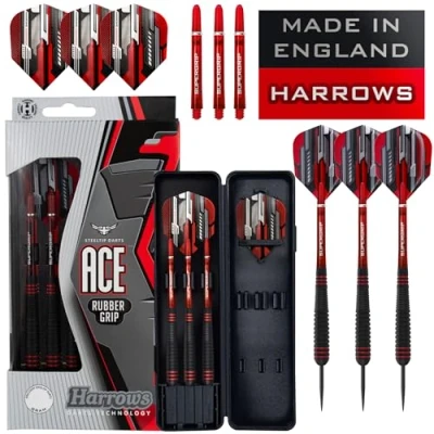 Obrázek Šipky Ace Rubber Black Sada ocelových šipek s taškou 20 g, 22 24 g a 26 Obsahuje násady Supergrip 100 mikronových maratonových letek (22 g)