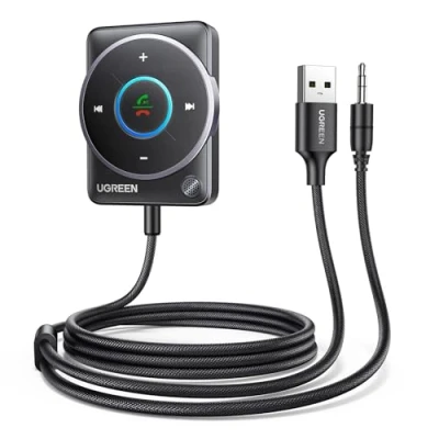 Obrázek UGREEN Adaptér Aux Bluetooth 5.4 Auto 3,5 mm jack přijímač multifunkční tlačítko pro hands free volání a bezdrátovou hudbu, duální připojení, RGB okolní světlo, kompatibilní s Stereo