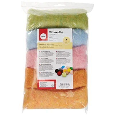 Obrázek Rayher Hobby plstěná vlna, čistá střižní rouno, letní mix pastelové odstíny, melírované, sada 5 barev à 20 g, vlna 100 100% na plstění, pohádková 5364400