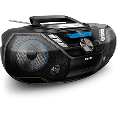 Obrázek CD audio stroj Philips AZB798T/12, přehrávač, přenosný (rádio DAB+/UKW, Bluetooth, CD, MP3 USB, kazeta, zvukový systém vše v jednom), černý