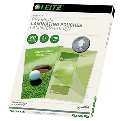 Obrázek Leitz Tepelná laminovací fólie A4 80 mic, v prémiové kvalitě balení po 100 kusech, lesklé, průhledné, jednoduché vkládání díky UDT, iLAM, 7478000