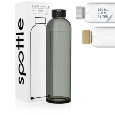 Obrázek spottle Skleněná láhev na pití (černá/víko z kovu, 550 ml)
