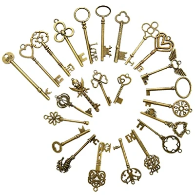 Obrázek FOCCTS 24 kusů vintage bronzových kosterních klíčů, starožitné kosterní klíče Charms DIY Kits, dekorace rustikální přívěsek na pro ručně vyrobené doplňky, řetízek krk, přívěsek, výroba