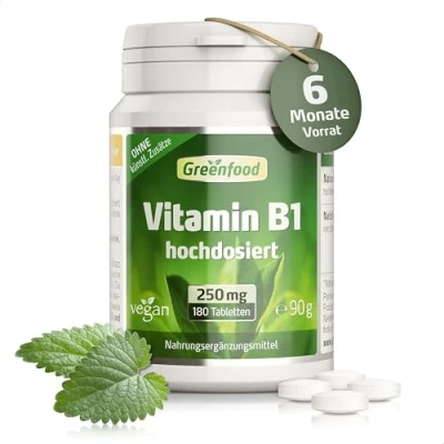 Obrázek Vitamín B1, 250 mg, vysoká dávka, 180 tablet na energii, nervy a srdce. Bez umělých přísad. genetického inženýrství. Veganské kapsle. Vegan.