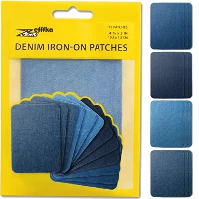 Obrázek ZEFFFKA Nášivka k nažehlování, denim, kvalitní, pro vnitřní a vnější použití, silnější, 100% bavlna, dekorace, oprava, modré odstíny, 12 kusů, velikost 7,5 cm x 10,5
