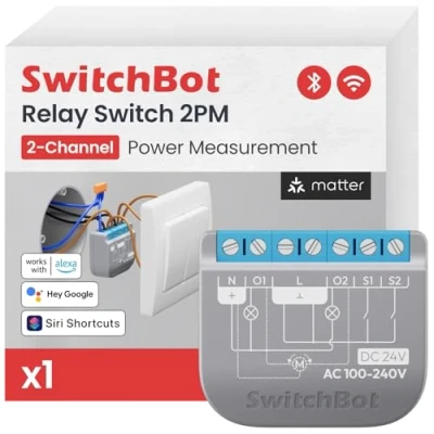 Obrázek SwitchBot WiFi spínač 2PM kompatibilní s Alexa/Apple Home/Google Home, modul relé měření výkonu integrovaným Bluetooth opakovačem A suchým kontaktem, Wi Fi 2,4 GHz (spínač 2), 16