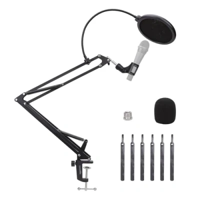 Obrázek Amazon Basics Nastavitelný stojan na rameno s pop filtrem a pěnovou ochranou proti větru, stolní svorka, otáčení o 360, kompatibilní Blue Yeti, Snowball, HyperX, 35,5 cm (14 palců), černý