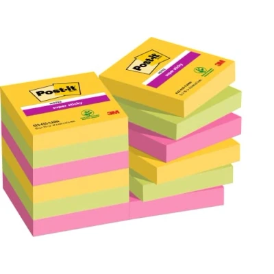 Obrázek Post it Super Sticky Notes Carnival Collection, výhodné balení s 12 bloky, 90 listů na blok, 47,6 mm x mm, žlutá, modrá. zelená, růžová. Oranžová extra silně lepicí poznámkový blok