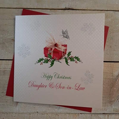 Obrázek White Cotton Cards X115 Vánoční pohlednice s nápisem &quot;Happy Christmas Daughter and SON v pro Zákony&quot;, ručně vyrobené, Bílá