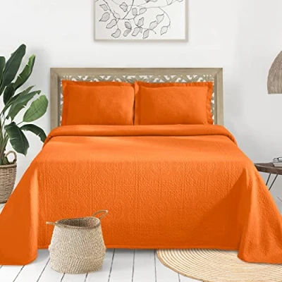 Obrázek Superior Fleur de Lis Tagesdecke Set, Baumwolle, warme Decken, Ganzjahres Bettwäsche, Schlafzimmer Dekor, dekorative Boho Medaillon Decke, enthält 1 Tagesdecke, Kissenbezug, Twin, Mandarine
