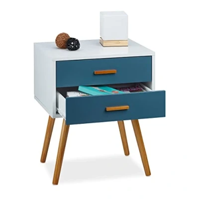 Obrázek Relaxdays Side/End table Chrank Skandinávský Design, 2 zásuvkami, retro HBT: 58 x 41 48 cm, Matně lakovaná, Tyrkysová Bílá