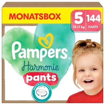 Obrázek Pampers Harmonie plenky Pants Baby, velikost 5 (12 kg 17 kg), měsíční box, jemná ochrana pokožky a složky na bázi rostlin, 144 plenek do kalhotek