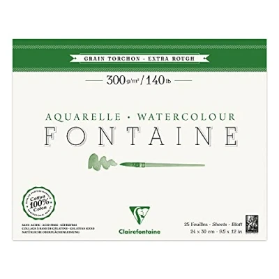 Obrázek Clairefontaine 96429C malířský blok, 4stranný slepený akvarelový papír, hrubé zrno, torchon, Fontaine/Hadern, 24 x 30 cm, 25 listů, balení 300 g, bílá