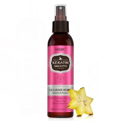 Obrázek HASK Vyhlazující kondicionér 5 v 1 Leave in conditioner sprej s keratinem pro všechny typy vlasů, netestováno na zvířatech, stálobarevný, bez sulfátů, parabenů láhev 175 ml