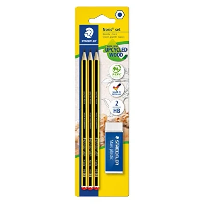 Obrázek STAEDTLER Sada tužek Noris 120, Made from Upcycled Wood, stupeň tvrdosti HB, 3 x tužky a 1 Mars plastová guma, vysoká kvalita in Germany, 120 R BK3D