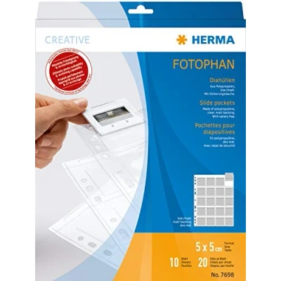 Obrázek HERMA 7698 pouzdra na diapozitivy pro zarámované diapozitivy, 10 kusů, 5 x cm, 20 dělených přihrádek, čiré/matné, oboustranně viditelné, fotofan obaly fotoshledy sběratelské s euroděrováním