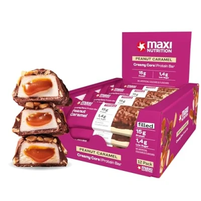 Obrázek MaxiNutrition Creamy Core Bar Peanut Caramel, 12 x 45 g proteinová tyčinka, 32 % bílkovin, 15 každá nízký cukr (1,4 g), bez přidaného cukru, umělých aromat