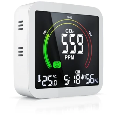 Obrázek Brandson Co2 Detektor měřicí přístroj zkoušečka kvality vzduchu, senzor oxidu uhličitého měření PPM, ukazatel, doporučení ventilace v místnosti alarm, budík, teploměr, vlhkost vlhkoměr