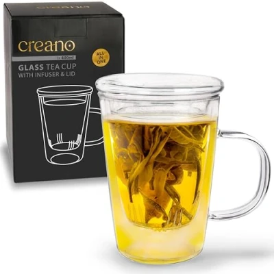 Obrázek Creano Sklenice na čaj 400 ml velký šálek se sítkem a víkem ze skla ideální přípravu čaje