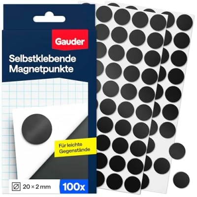Obrázek GAUDER magnetické tečky samolepicí (100 kusů) Ø 20 mm kulaté lepicí magnety se silnou přilnavostí nálepky do školy a kanceláře ploché,