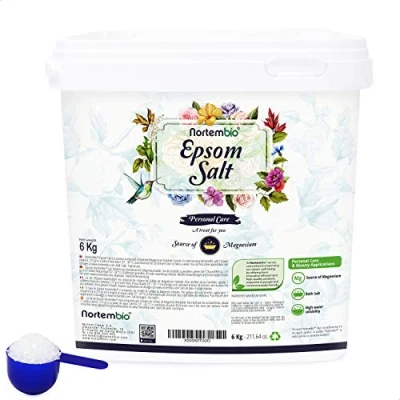 Obrázek Nortembio Epsom sůl 6 kg Koncentrovaný zdroj přírodního hořčíku. 100% čistá koupelová sůl, žádné přísady. Uvolnění svalů a dobrý spánek. Včetně e knihy.
