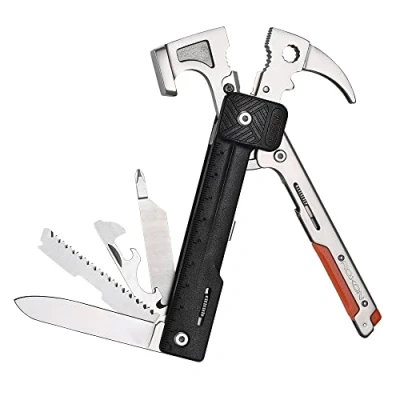 Obrázek ROXON 16 in One Tools Kladivo Multitool s křesadlem, vyměnitelný nůž, nejlepší kempinkové příslušenství kleštěmi, nožem, otvírákem lahví, pilkou, pravítkem pro muže