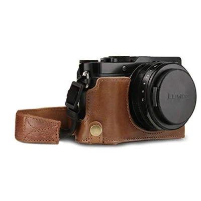 Obrázek MegaGear MG1564 Panasonic Lumix DC LX100 II Ever Ready pravá kůže polopouzdro na fotoaparát s popruhem hnědá
