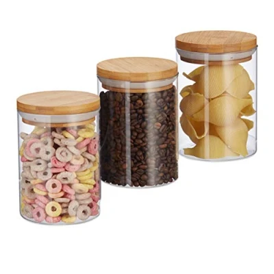 Obrázek Relaxdays Skleněné dózy na zásoby, sada 3 ks, těstoviny, rýže, müsli, kávová zrna, objem 600 ml, V x D 14 9,5 cm, přírodní, transparentní, světle hnědá, přírodní
