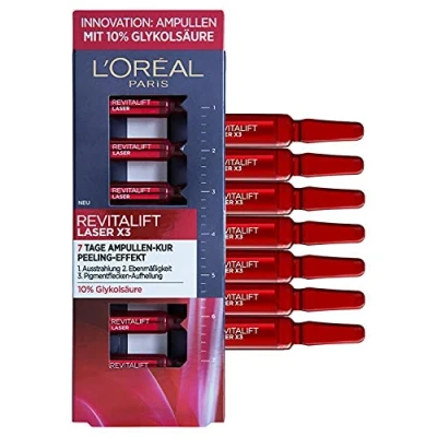 Obrázek L&#039;Oréal Paris 7denní ampulová kúra pro rovnoměrnou a zářivější pleť vysoce koncentrovaná s 10% kyselinou glykolovou peelingovým efektem, RevitaLift Laser X3, na ampule x 1,3 ml