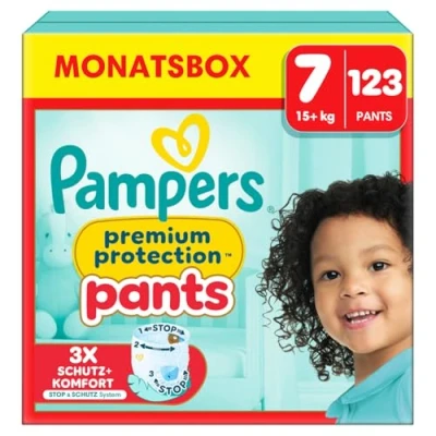 Obrázek Pampers Dětské plenky Pants velikost 7 (17 kg+) Premium Protection, Extra Large s taštičkou proti zastavení a ochraně, měsíční box, 123 plenek do kalhotek