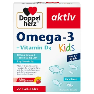 Obrázek Doppelherz Omega 3 plus D3 Kids, vitamin D je potřebný pro zdravý růst a vývoj kostí u dětí, 27 gelových tablet