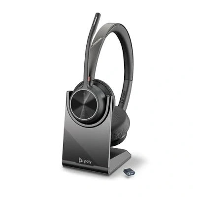 Obrázek Bezdrátová sluchátka Poly Voyager 4320 UC a nabíjecí stanice stereo s ramenem mikrofonu Noise Cancelling spojení PC/Mac/mobilním telefonem přes Bluetooth kompatibilní týmy, zoomem