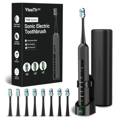 Obrázek elektrický zubní kartáček, sonický kartáček pro dospělé a děti, s 5 režimy čištění, 3 stupně intenzity, integrovaný časovač 8 hlav zubních kartáčků, cestovní pouzdro, černý