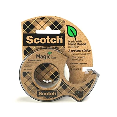 Obrázek lepicí páska Scotch Magic a Greener Choice 19 mm x 20 m v ručním zásobníku 100% recyklovaná neviditelná s rostlinným lepidlem pro opravy, etiketování uzavření dokumentů