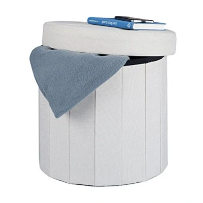 Obrázek Relaxdays Sedací stolička s úložným prostorem velikost M, kulatá taburet víkem, polstrovaná skládací, V x H: 38 cm, krémová