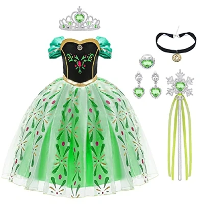 Obrázek URAQT Dívčí kostým šaty, dětský princezny na karneval party Cosplay oblečení Halloween svátek narozeniny, s příslušenstvím korunka kouzelná hůlka, Zelená