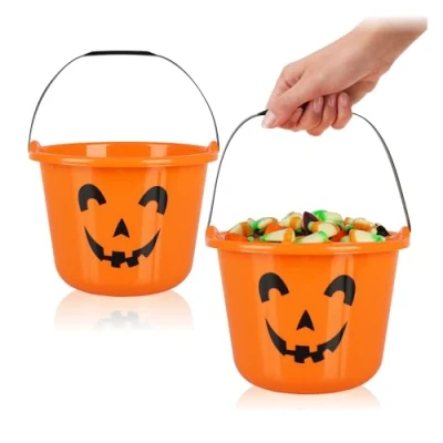 Obrázek com four® 2 x kbelík na Halloween dýně plastový v designu pro sběr sladkostí sběratelská taška s uchem Halloween, sladkosti nebo dobroty