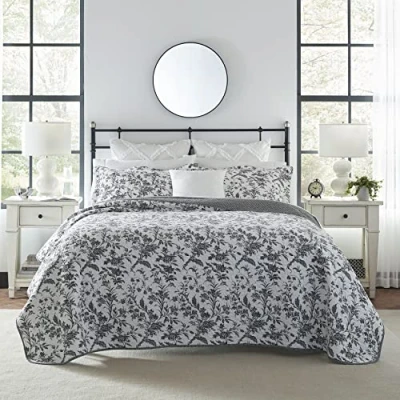 Obrázek Laura Ashley Quilts oboustranné ložní prádlo z bavlny s odpovídajícími povlaky na polštář, květinová kultura bydlení pro všechna roční období, Kingsize, Amberley černá/bílá